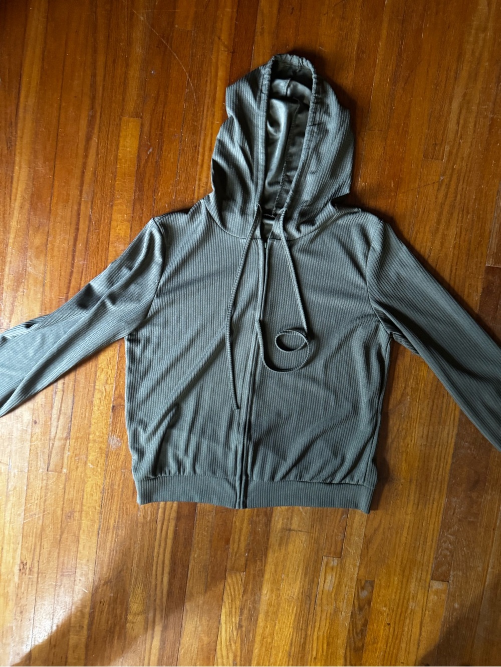 Olive Ribbed Zip-Up Hoodie